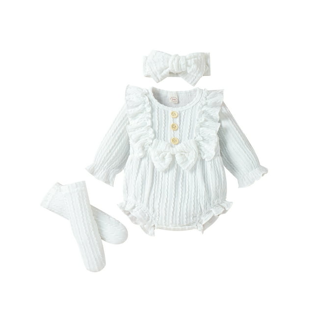 SUNSIOM Newborn Baby Girls 3Pcs Outfits, Long Sleeve Button Front Ruffle Romper + Socks + Headband Fall Winter Outfits