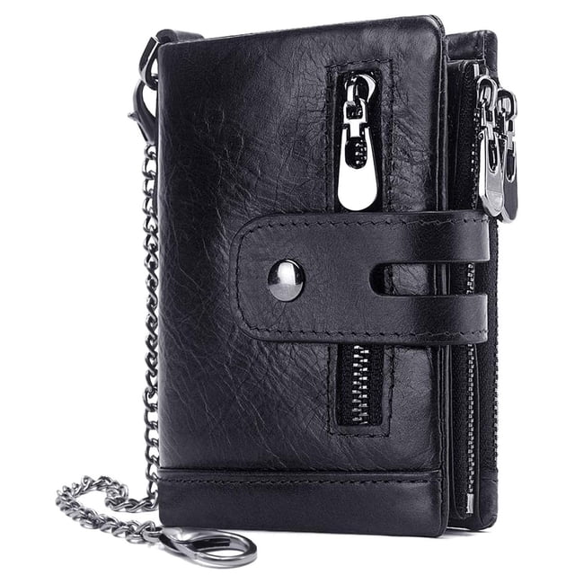 Billetera gzcz de piel auténtica con bloqueo RFID para hombre, plegable, negra