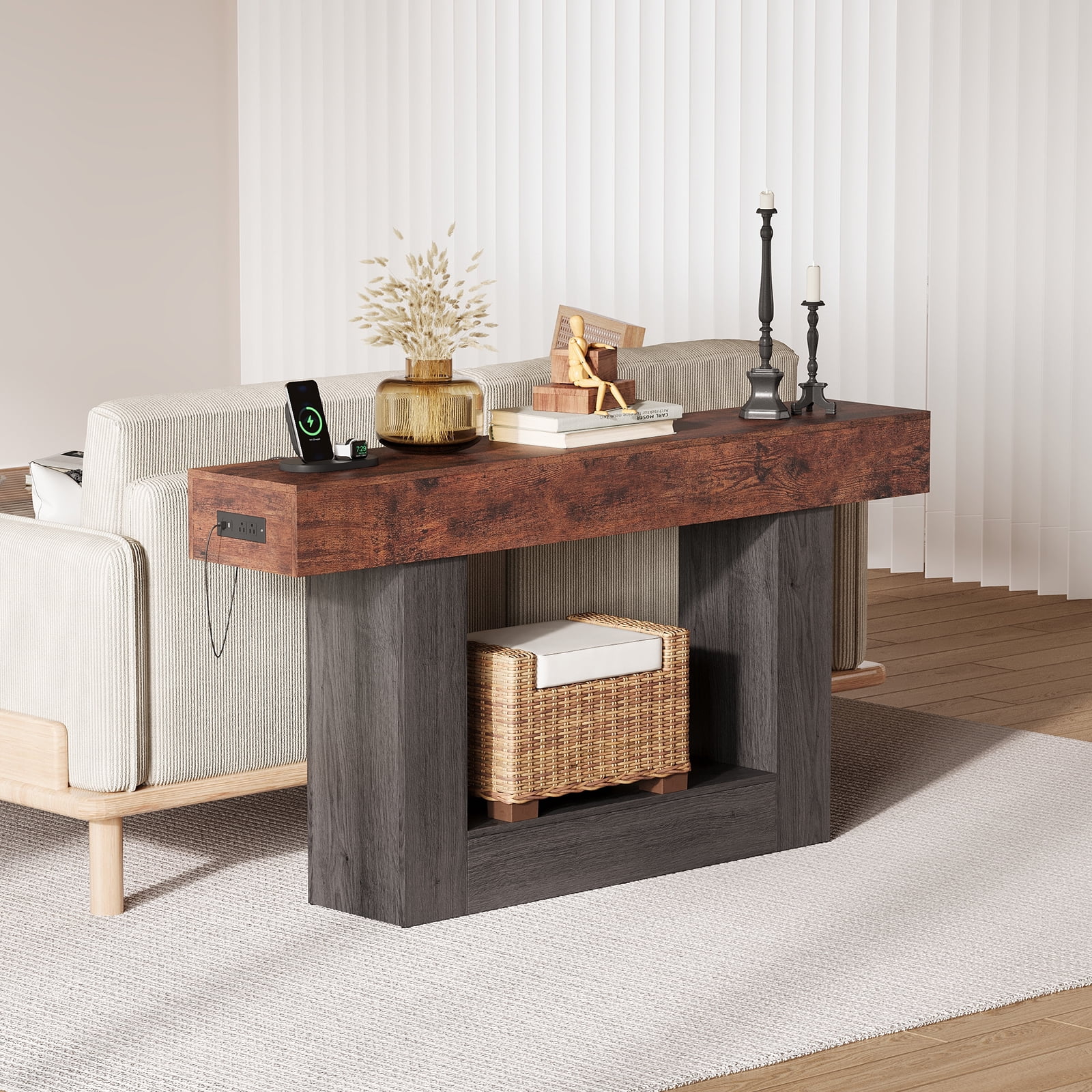 63 Inch Long Console Table with Charging Station, 2-Tier Narrow Entryway Table with USB c Ports & AC Outlets, Farmhouse Sofa Table Behind Couch for Living Room, Hallway, Rustic Brown & Gray