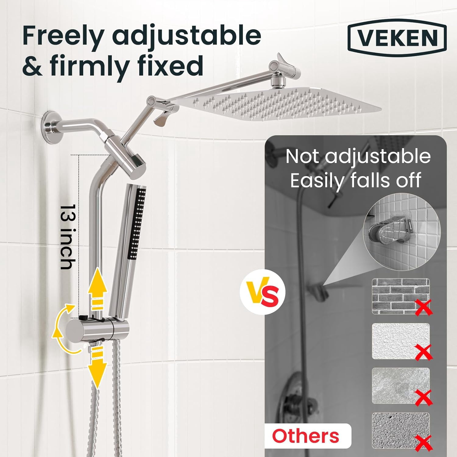 10" Luxurious Rain Shower Head with Handheld, High Pressure Rainf Shower Heads wih Extension Arm, Wide Dual Showerhead with Spray Combo, Bathroom Accessories, Chrome, Silver