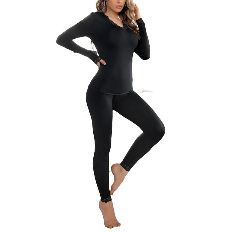 Casual Solid Long Sleeve Black Womens Thermal Underwear (Women's)