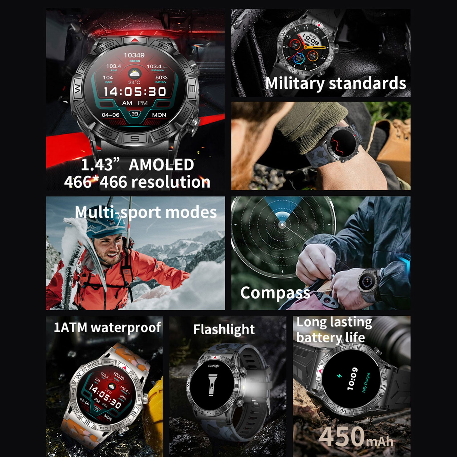 Montre Connectée Homme Femme - Écran 1,96" - Appels Bluetooth - IP68 - 110 Sports - Autonomie Longue - Bleu