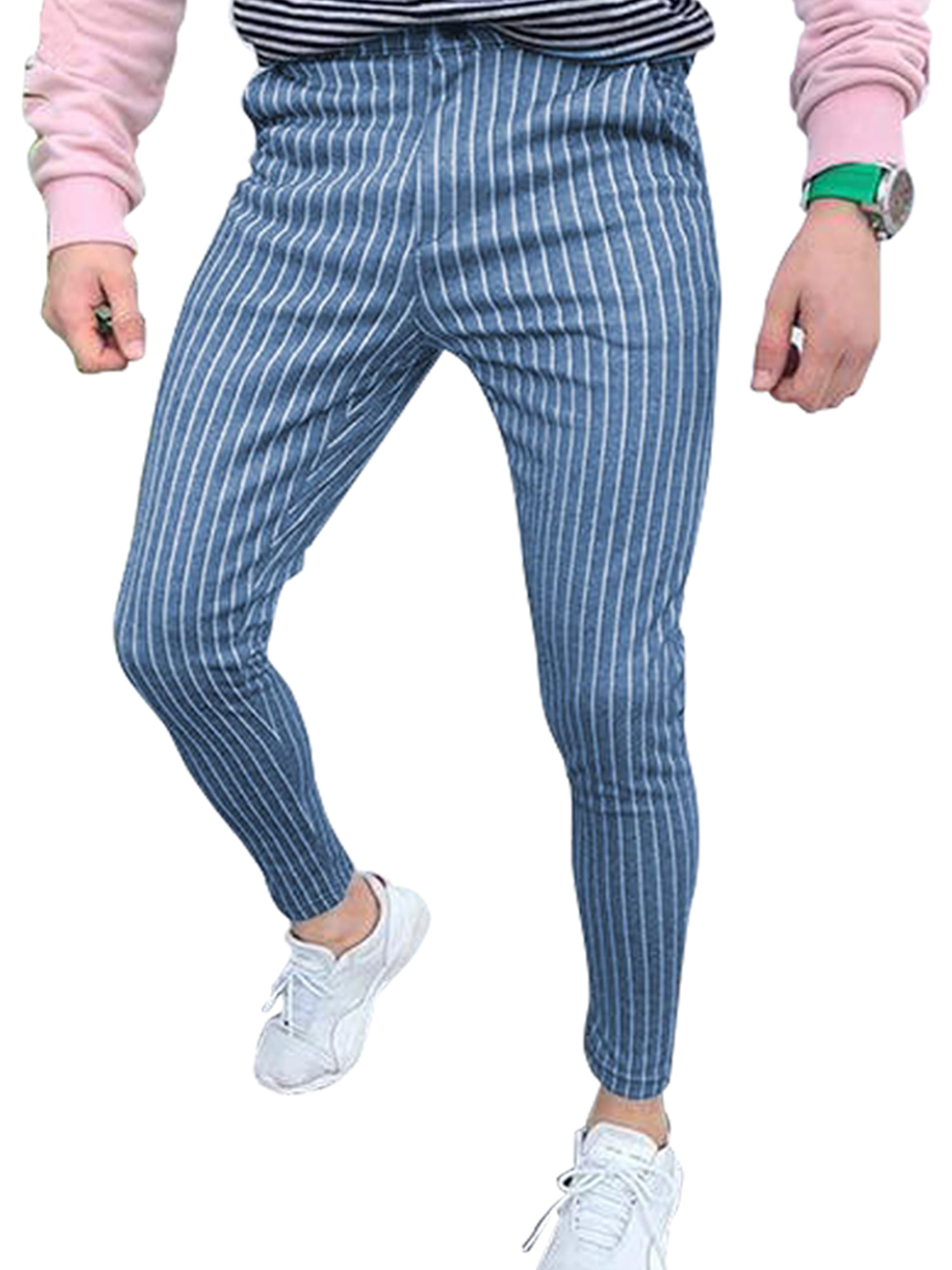 Dainzuy Mens Striped Pants Stretch Skinny Dress Pants Active Jogger Pants Casual Slim Fit Zipper Long Business Pants 