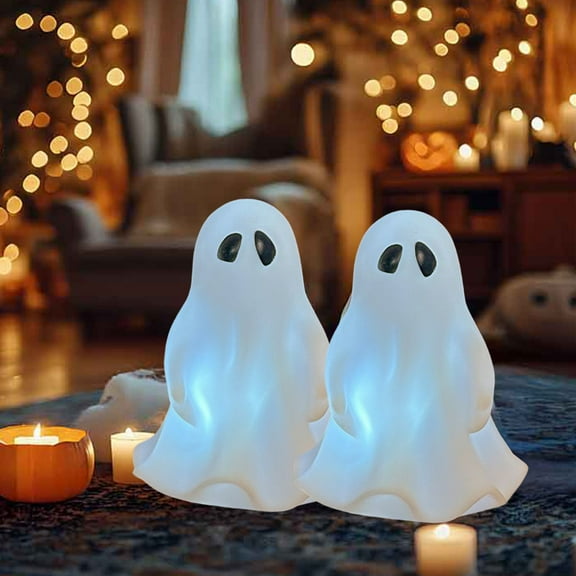 LED Halloween Lantern Lights Set of 2,Cute Spooky Ghost Decor with Warm White Glow,Battery Operated Hanging Indoor Outdoor Party Decorations for Halloween Christmas Home Fireplace Table Centerpiece