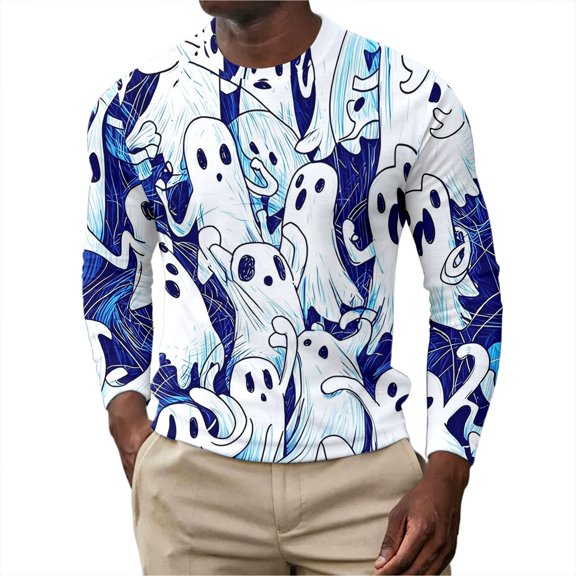 XINPING Men Halloween Long Sleeve Top, Crewneck Pullover Shirt, Pumpkin Ghost Graphic, Fall Winter Casual Streetwear Tee, Spooky Season Apparel, 2026 Fashion Style