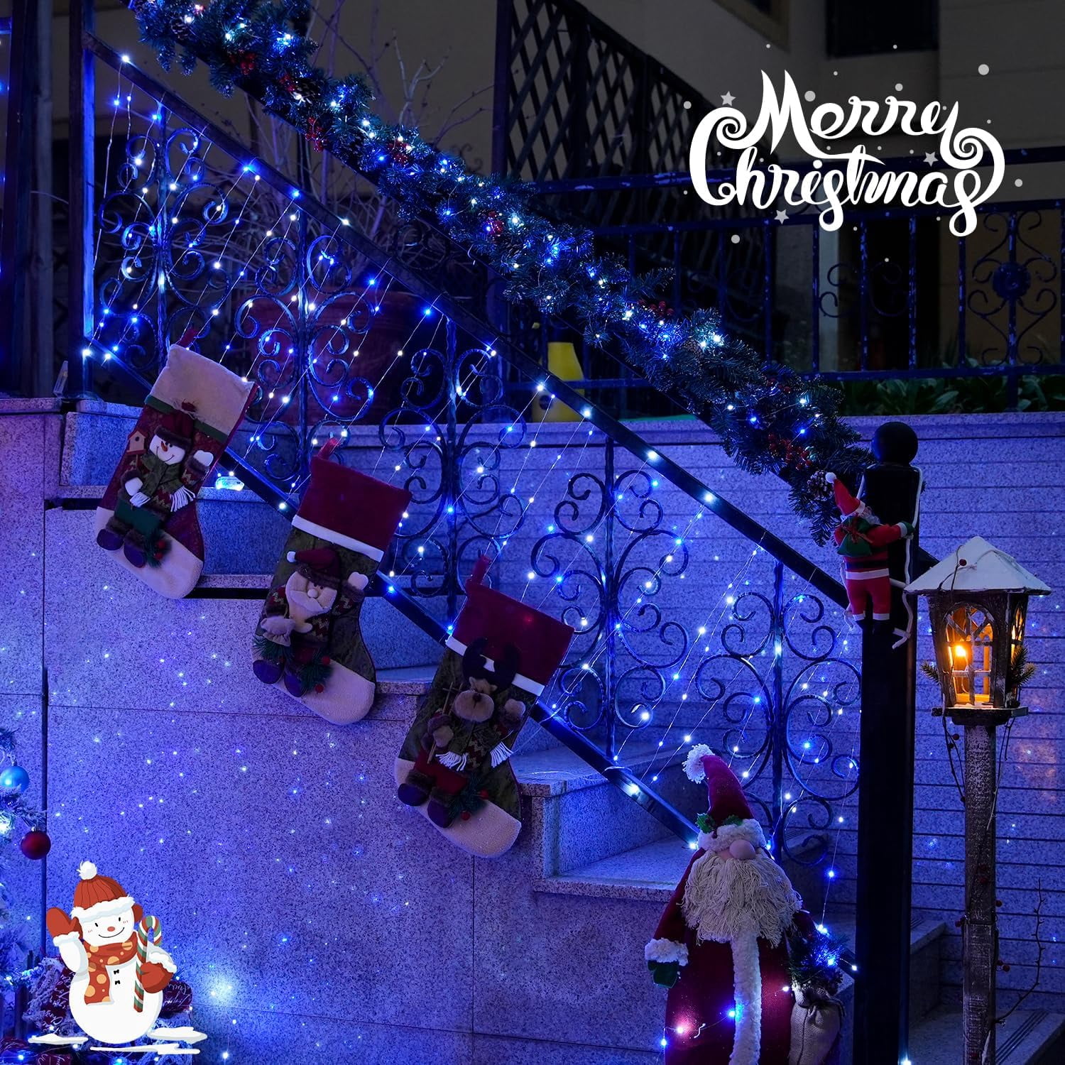 2 Pack Blue and White Solar Christmas Lights, Each 33FT 100 LED Solar String Lights Outdoor Waterproof, 8 Modes Mini Fairy Lights for Outside Yard Patio Christmas Decorations