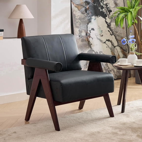 LAZZO Accent Chair, Faux Leather Upholstered Armchair for Living Room, Office and Bedroom, Black