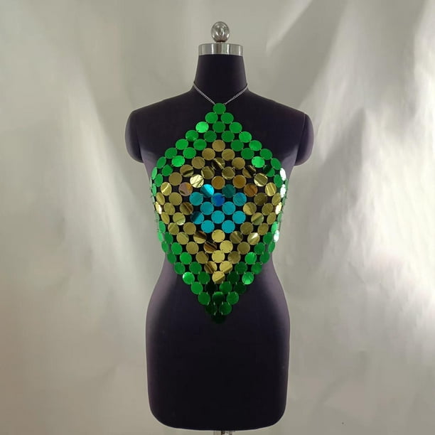 Top corto de lentejuelas, top corto con cuello halter, joyería para el cuerpo, cadena para el vientre, camisola sin mangas, top tipo camisola, tops co