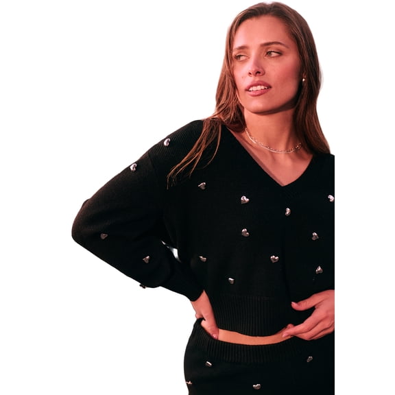 ELOQUII Women's Plus Size Heart Embellished Sweater