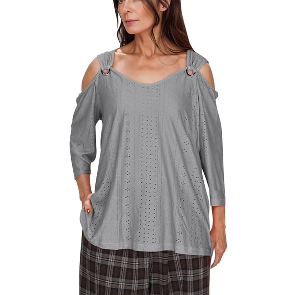 Htigea Women's Cold Shoulder Shirts Eyelet 3/4 Sleeve Tops Hollow Out V Neck Pullover Ladies Tunic Blouse for Going Out Gray,S