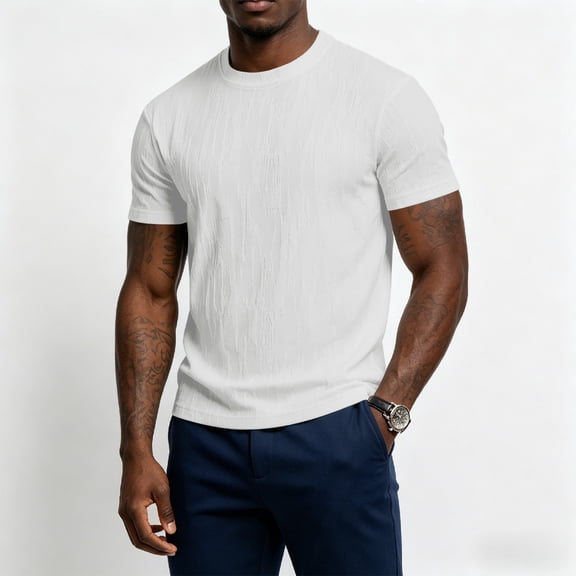Qiyinn Men Summer Short Sleeve T Shirt Slim Fit Crew Neck Solid Color with Vertical Texture Casual Breathable Top for Young Adults