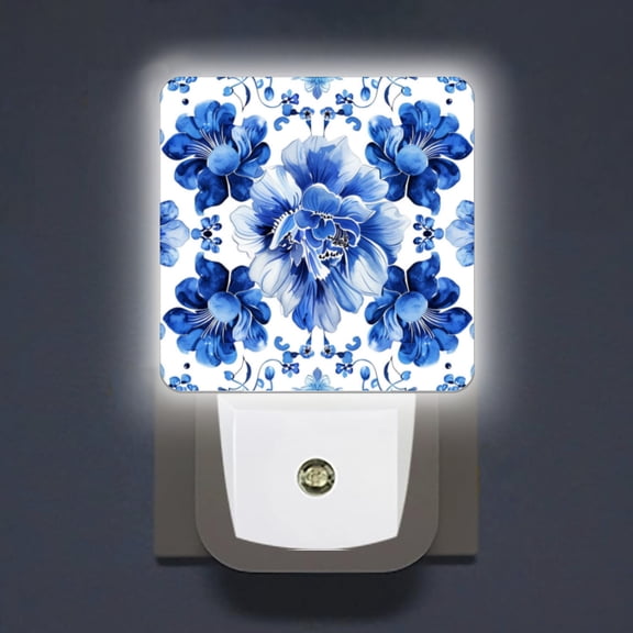 LED Night Lights Lamp with Dusk to Dawn Sensor, Blue And White Porcelain Pattern With Flowers Night Light Plug Into Wall for Kids Room, Bedroom, Bathroom, Kitchen, Hallway