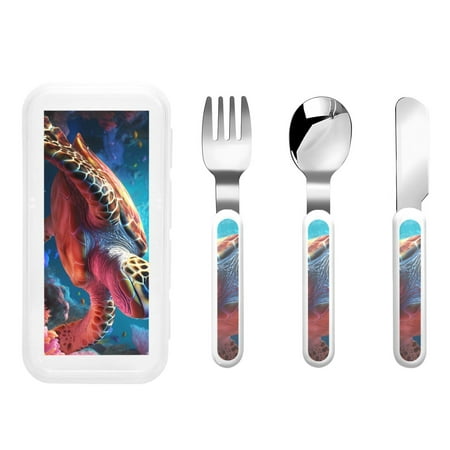 

Cauagu Colorful Ocean Sea Turtle Print 3-Pieces Toddler Cutlery Set Kids Silverware Set with Spoons Forks & Knife Stainless Steel Utensils for Kids Dishwasher Safe