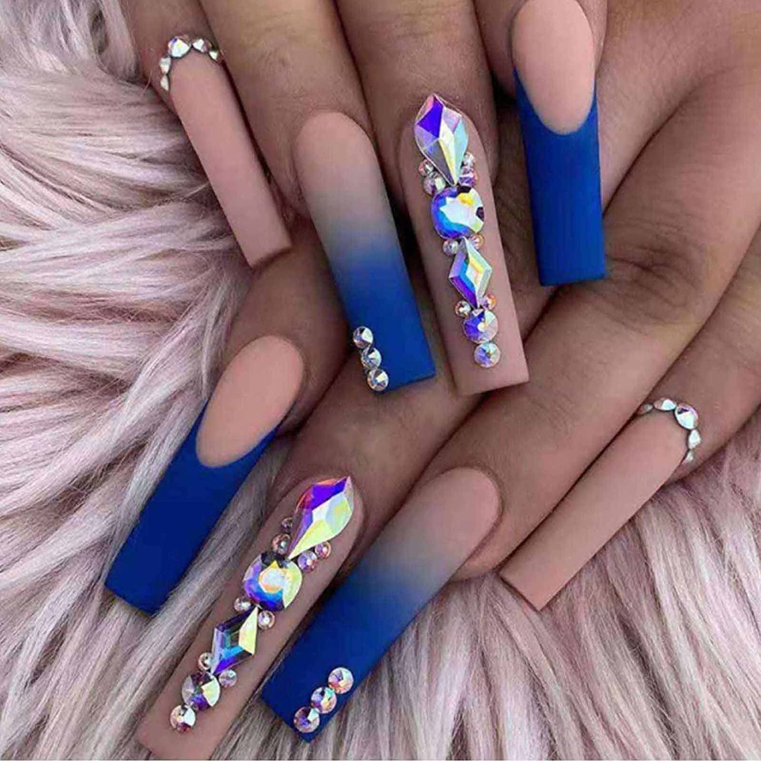 Luxury Long Press On Nails Blue False Nails With Rhinestone Diamond