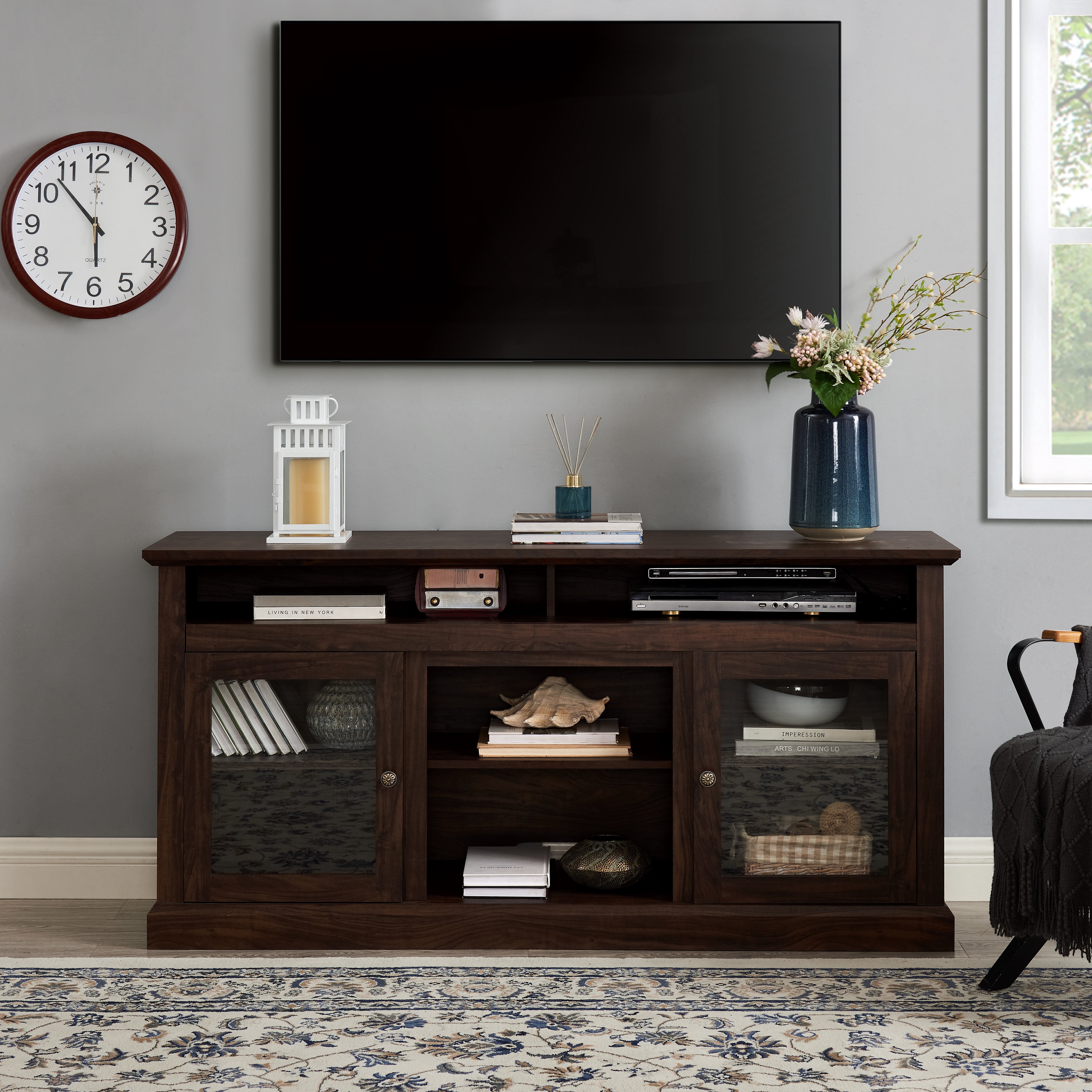 LegaHome Farmhouse TV Stand, Modern Entertainment Door TV Cabinet for 65 Inch TV, Wooden TV Console Table with Open and Closed Storage Space, Media Console Table for Living Room, Brown