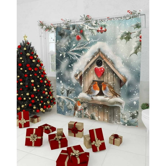 Christmas Birds Shower Curtain, Xmas Winter Snowflake Berry Waterproof Washable Boho Funny Cute Shower Curtains Set for Bathroom Farmhouse Bathtubs Decor with Hook, 36"Wx72"L