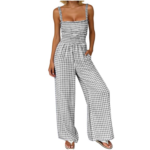 Women's Plaid Wide Leg Jumpsuit Square Neckline Sleeveless Spaghetti Strap Jumpsuits Overalls Dressy Tighten Waist Pocket Flowy Romper Casual Beach Outfit