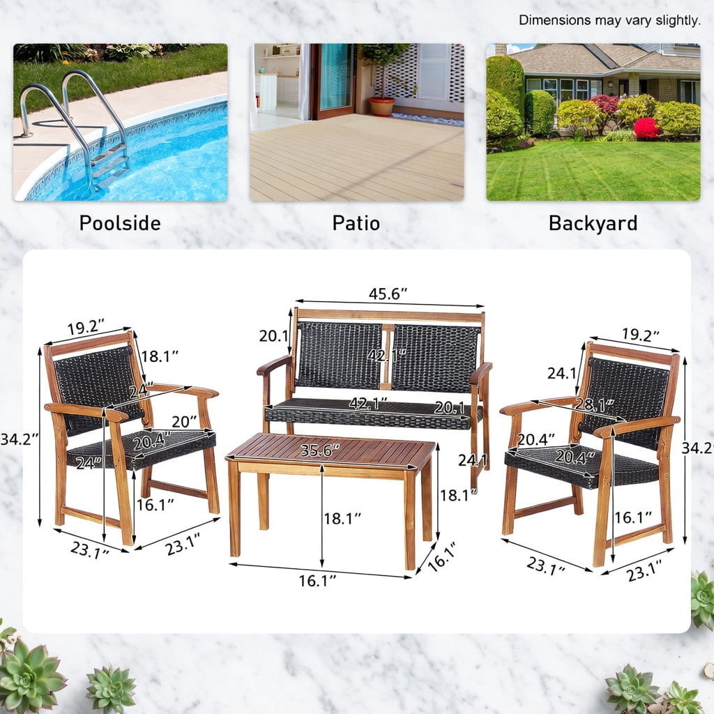 Hommoo 4-Piece Outdoor Patio Rattan Sofa Set with Solid Acacia Wood Frame, Weather-Resistant PE Rattan Loveseat, Single Sofas & Coffee Table for Backyard, Poolside, Garden, Reddish Brown