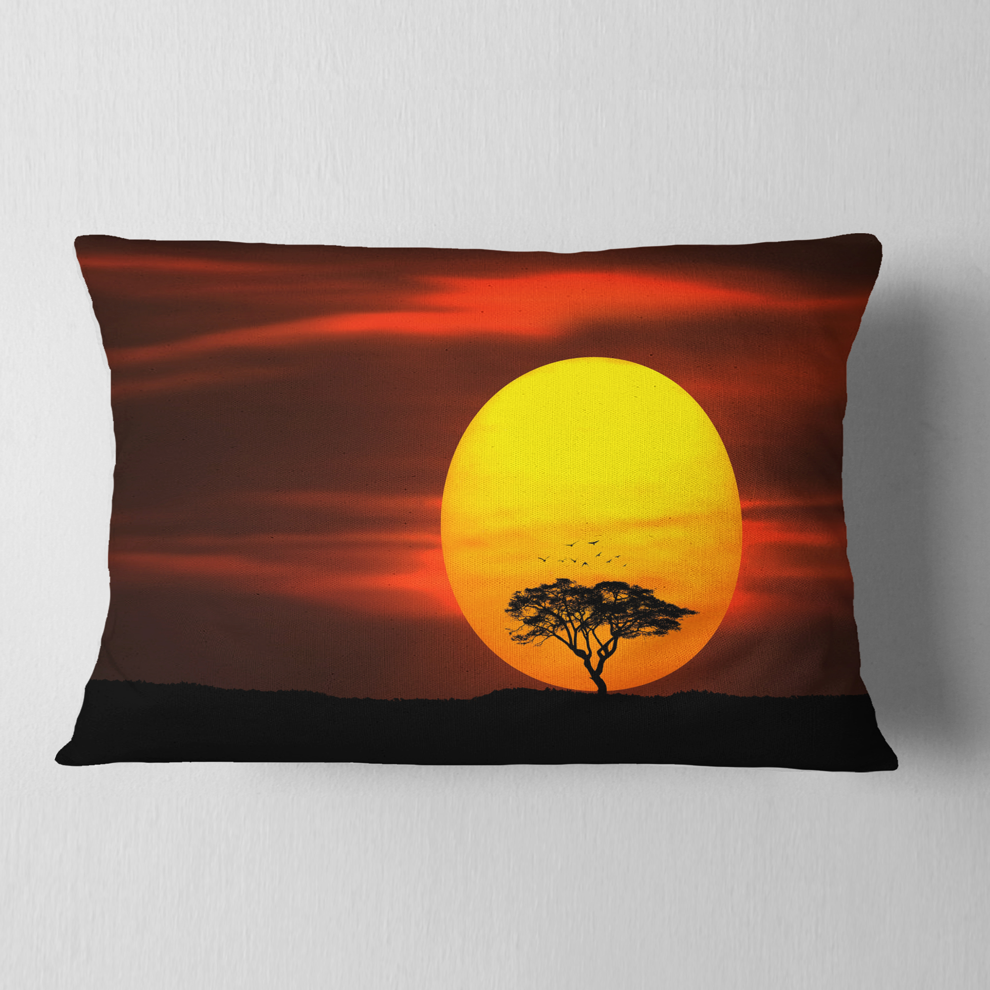 Designart Lonely Tree with Birds at Sunset - Landscape Printed Throw Pillow - 12x20
