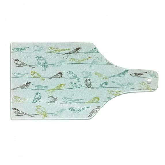 Birds Cutting Board, Various Type of Birds Sitting and Chirping on Wires Musical Creatures Print, Tempered Glass Cutting and Serving Board, Wine Bottle Shape, Pale Green Brown, by Ambesonne