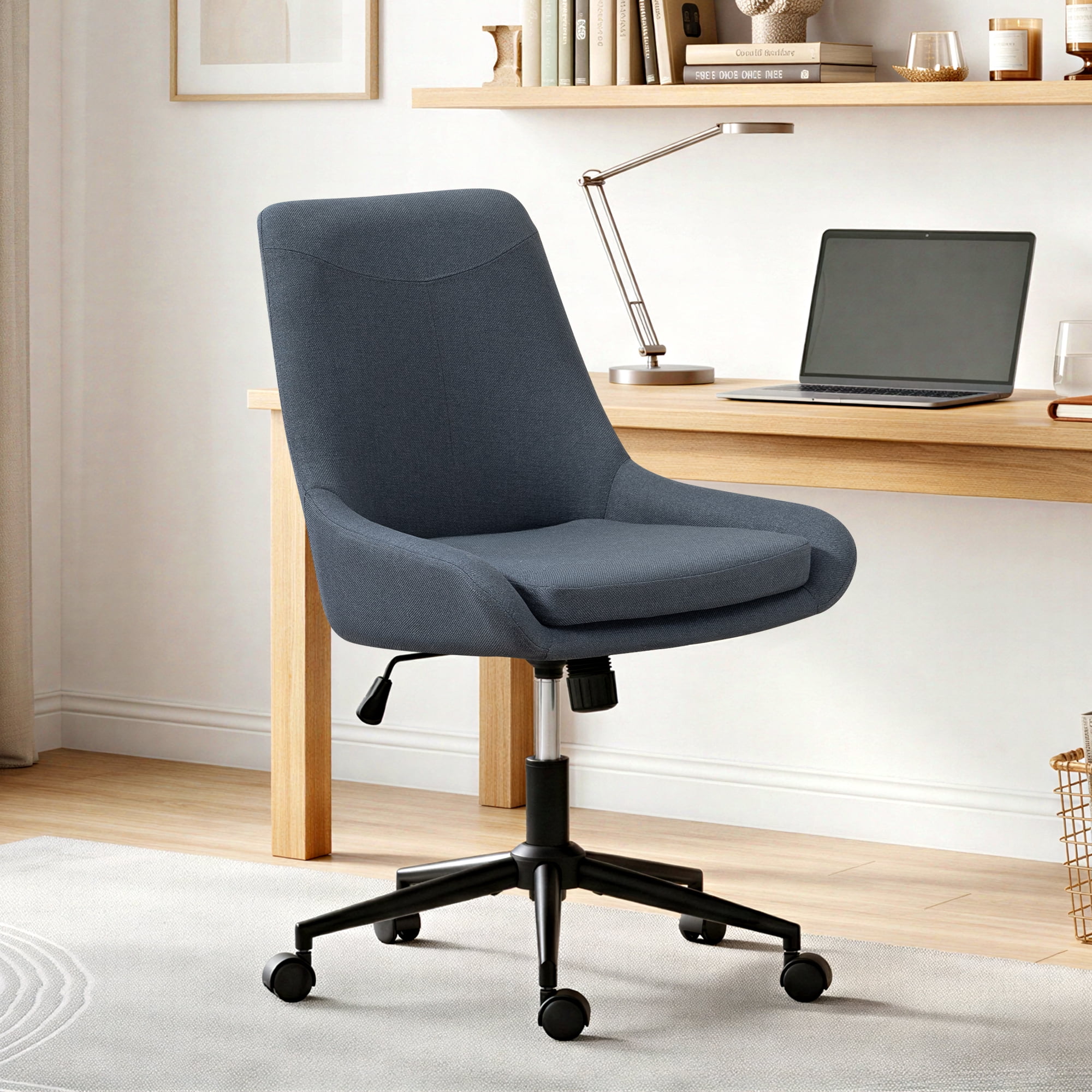 Linen Fabric Home Office Task Chair, Armless Vanity Chair With Wheels, Swivel Adjustable Seat Height Desk Chair with Rocking Function for Bedroom, Living Room or Study Dark Gray