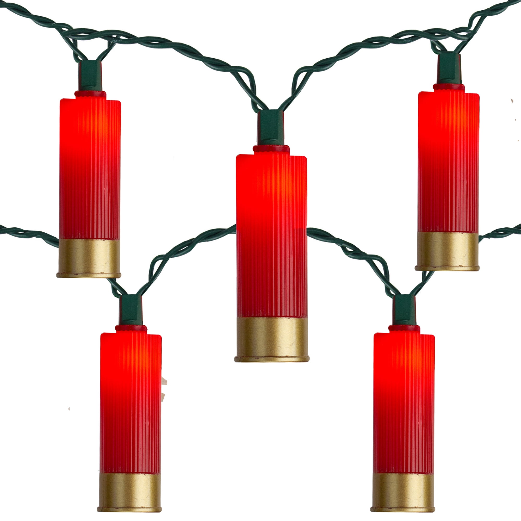10Count Red and Gold Shotgun Shell Mini Christmas Light Set, 9ft Green