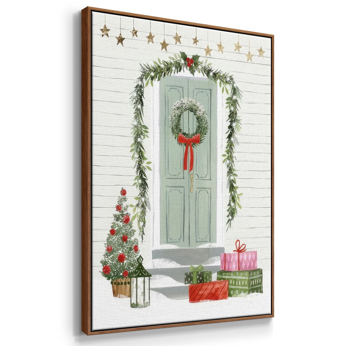 Festive Front Door I - Framed Gallery Wrapped Holiday Canvas - 17 x 25 - Rosewood Frame