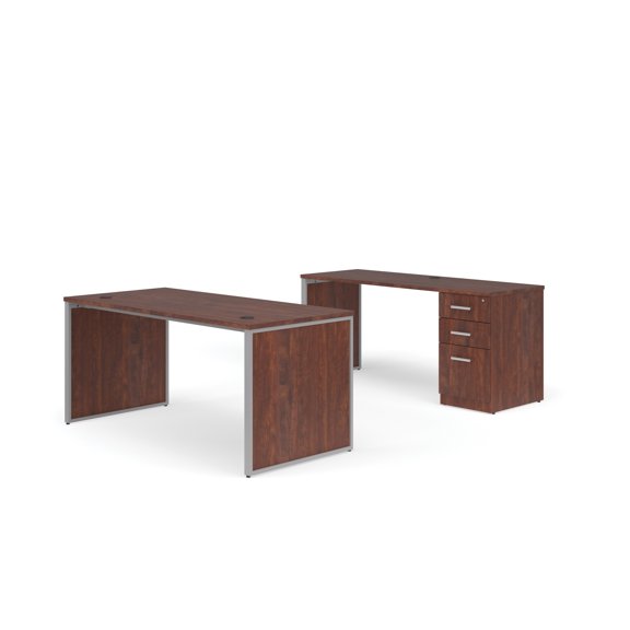 OFM Fulcrum Series Office Furniture Set, 66" Table Desk, 66" Credenza, 3-drawer Filing Cabinet, Leg Panels, in Cherry