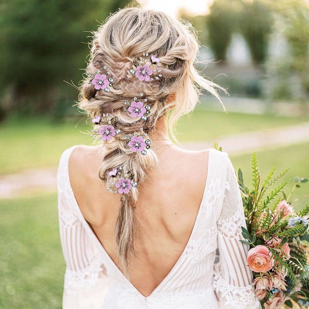 6 Pcs Bridal Flower Wedding Hair Pins Crystal Pearl Hair Pins Clips Headpiece Gold Wedding Hair Accessories Jewelry with Rhinestone for Brides Bridesmaids Women Girls Updo (Romantic Lilac Purple)