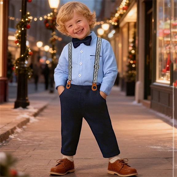 Boys Suits Formal Long Sleeve Shirt Suspenders Pants Casual Birthday Party Attire Comfortable 2 Piece Outfits 2-3 Y