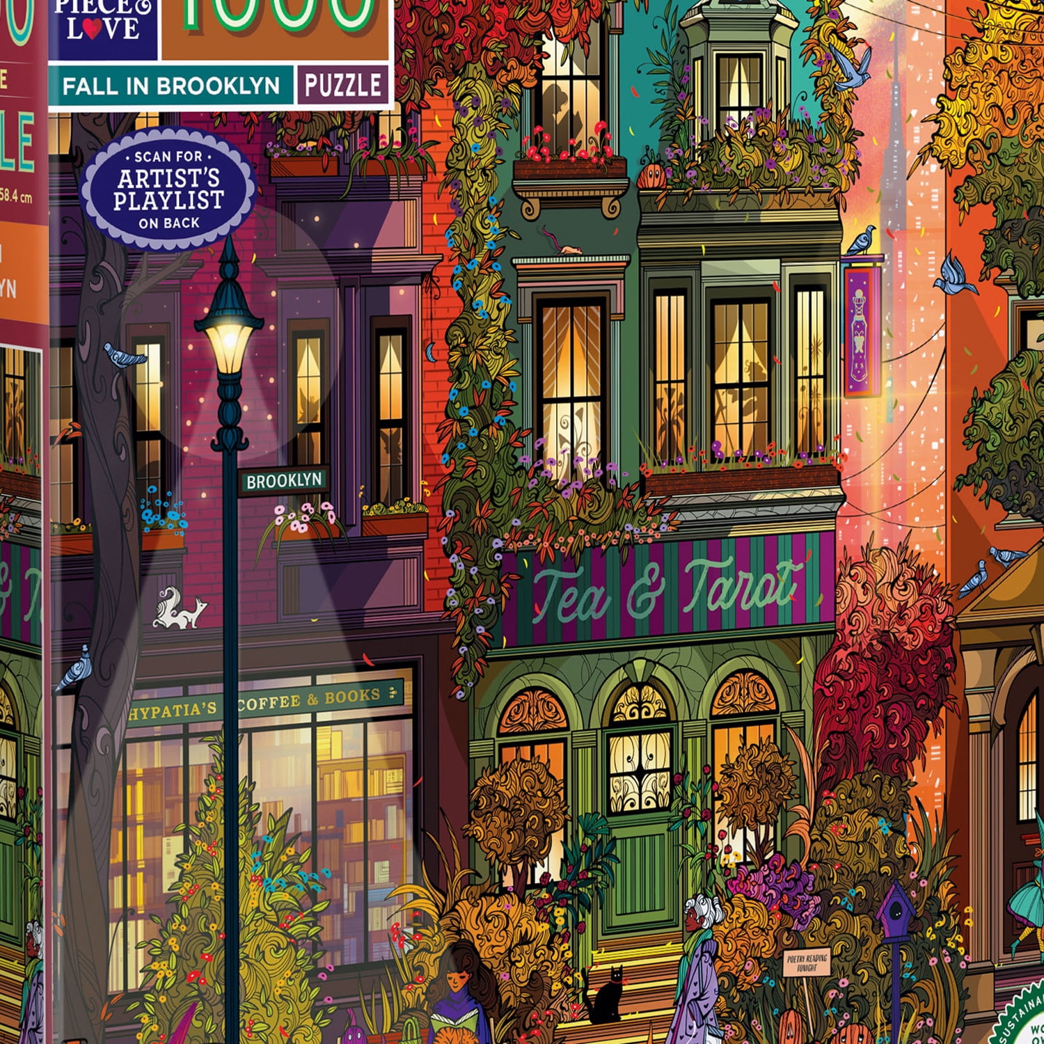 eeBoo Piece & Love: Fall In Brooklyn - 1000 Piece Puzzle - Square Adult Jigsaw, Laura El's Autumn Twilight City Street Scene, Eco-Friendly, Playlist