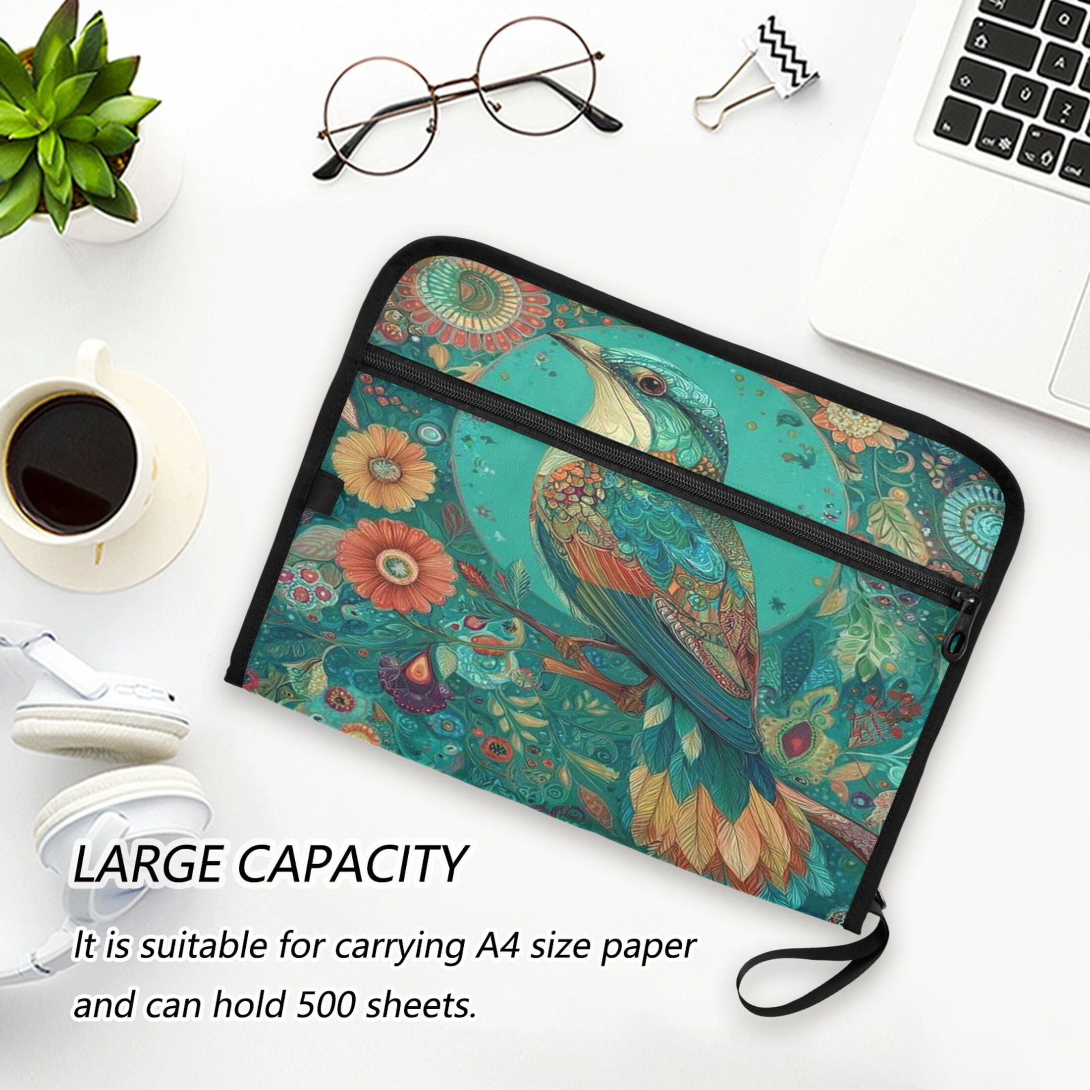 Accordion File Organizer with Zip Closure 13 Pockets Expanding File Folder Letter A4 Paper Document Organizer for Home Office Beautiful Psychedelic Bird