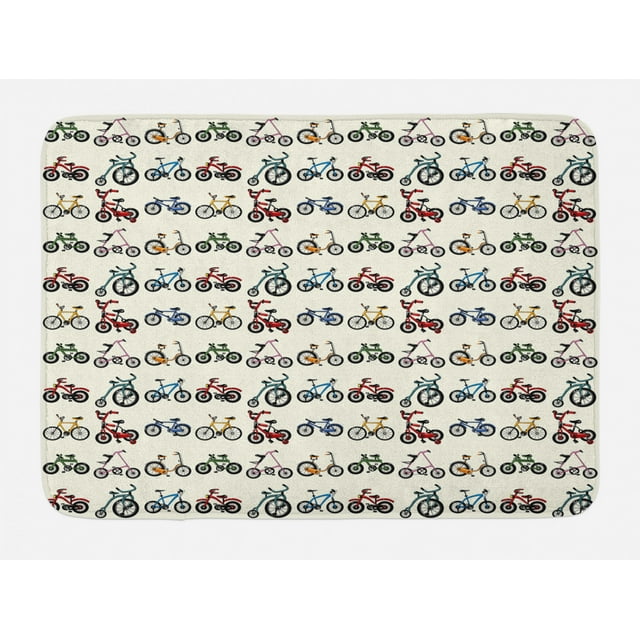Kids Bath Mat, Colorful Collection of Bicycles with Boys Girls Riding Sports Activity Themed Pattern, Non-Slip Plush Mat Bathroom Kitchen Laundry Room Decor, 29.5 X 17.5 Inches, Multicolor, Ambesonne