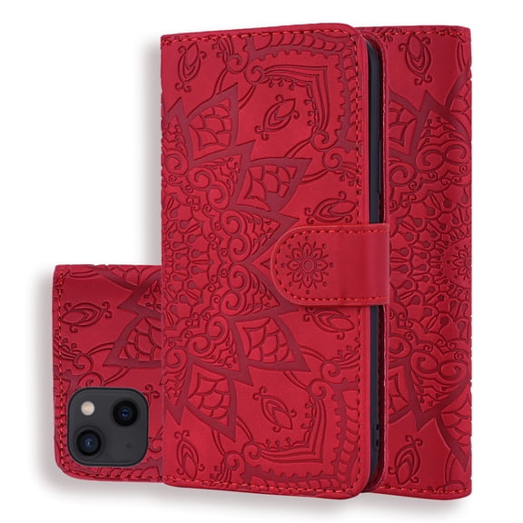 SaniMore Embossing Flip Wallet Case for iPhone 14 Plus, [RFID Blocking] PU Leather Cover with Card Holder & Kickstand Wrist Strap Magnetic Clasp All-Inclusive Protective Shell, Red