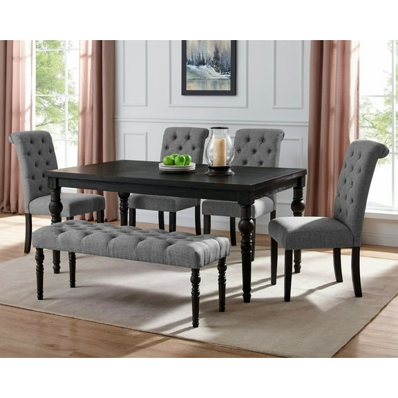 Leviton Urban Dining Set: Dark Wash Wood Table, 4 Chairs & Bench - Dining Room Furniture. Rubberwood, Black Legs, Button-Tufted Seats. 65" Table.
