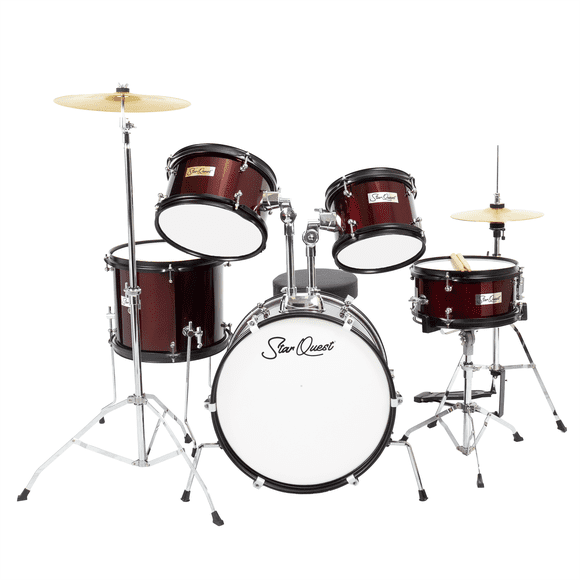 StarQuest Junior 5-Piece Drum Set, Metallic Wine Red Finish with Bass, Snare, 2x Toms, Floor tom, High Hats and Crash Cymbal, Perfect for Young Drummers and Beginners…