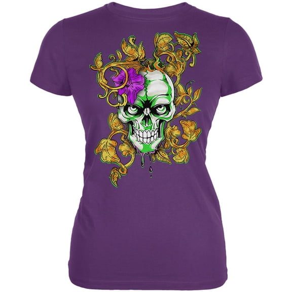 Mardi Gras Voodoo Zombie Skull Juniors Soft T Shirt Plum X-LG