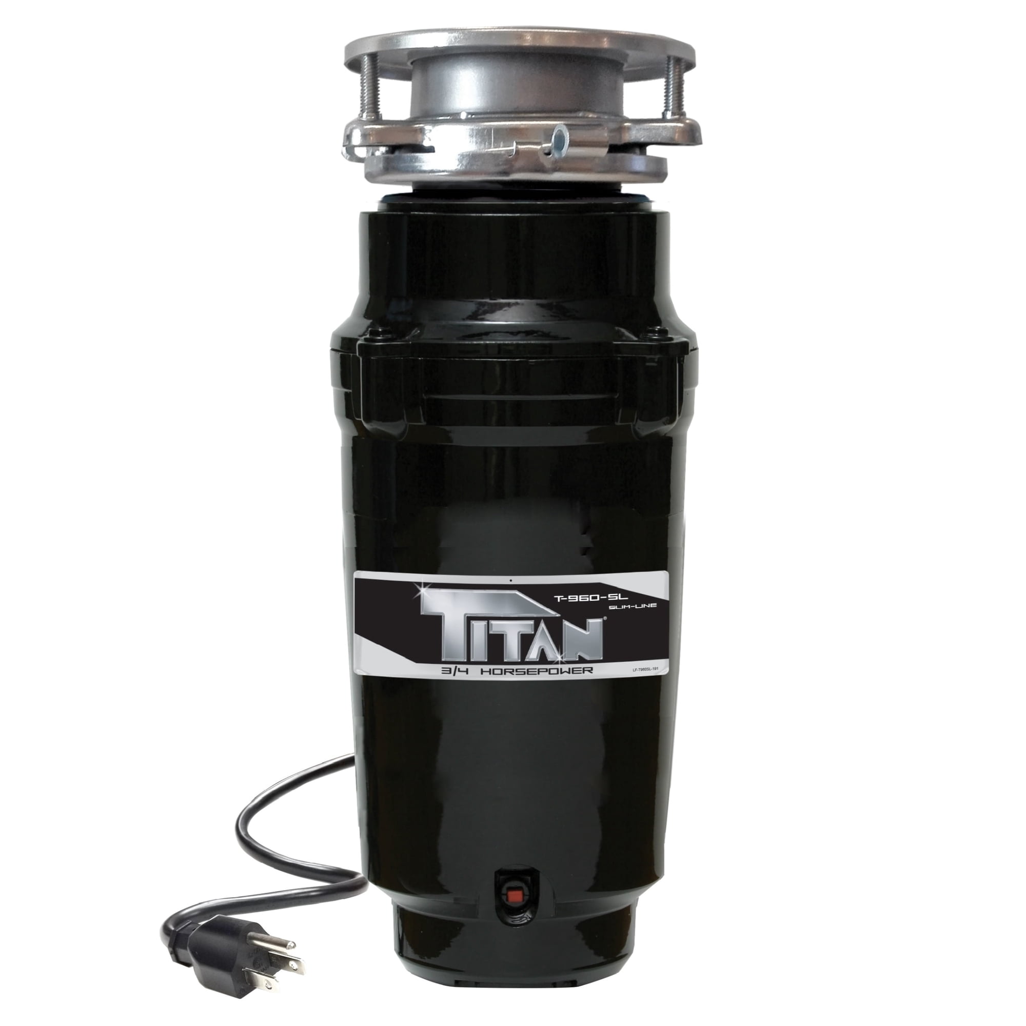 Titan 3/4 HP Slim Line Garbage Disposal for Confined Spaces, Featuring Bio Shield, and Attached Power Cord