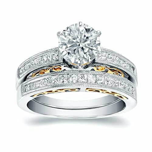 HeartsAndYou 3ct Round Cut Moissanite Solitaire Ring Band Vintage Inspired Bridal Set 18k Dual Gold Over Silver Stylish