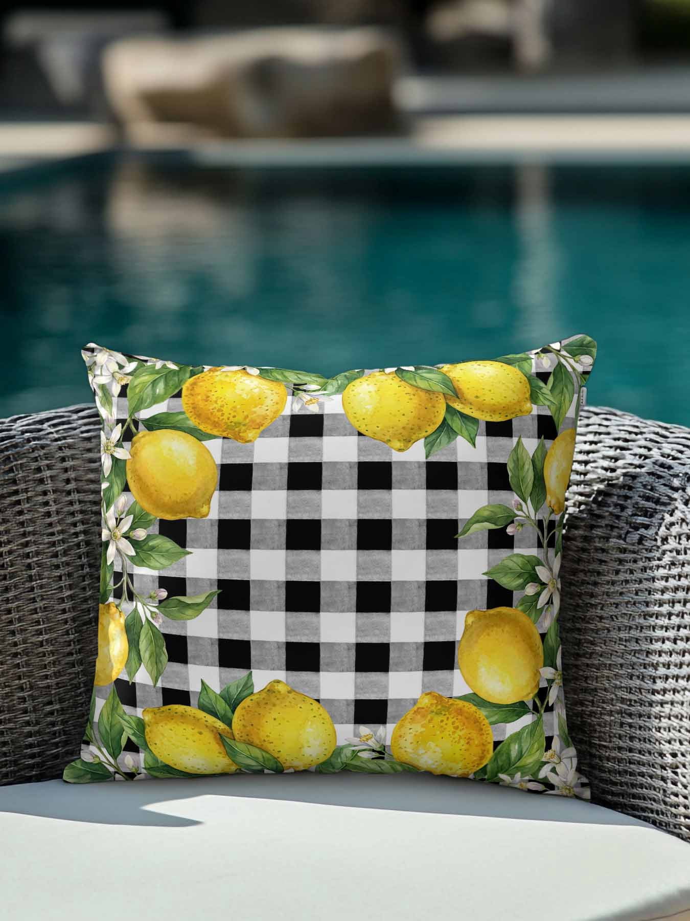 1 Pack Outdoor Pillows Waterproof, Summer Lemons Indoor/Outdoor Throw Pillows with Inserts, Fruits White Flowers Farmhouse Plaid Decorative Pillow for Patio Furniture Chairs Couch