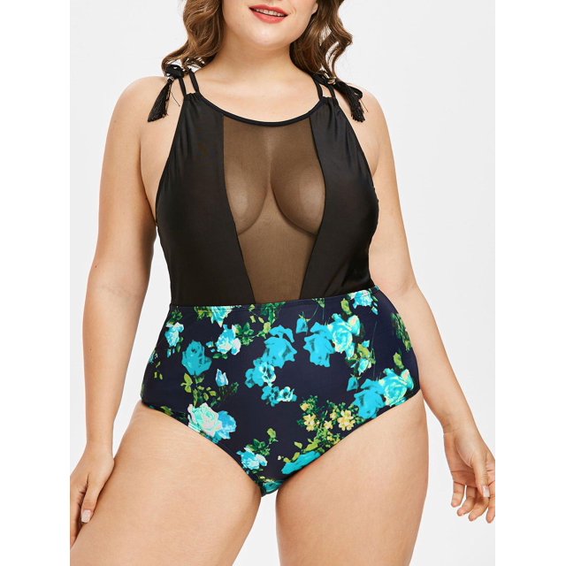 Traje de Baño Talla Extra Una Pieza Panel Malla Transparente Estampado Floral Rosegal Camisetas tallas grandes