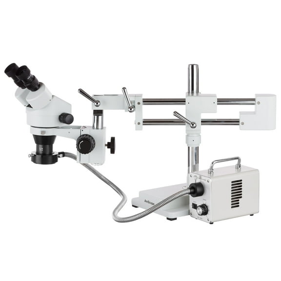 AmScope 7X-45X LED Fiber Optic Ring Light Zoom Stereo Trinocular Microscope on Dual-Arm Boom Stand New