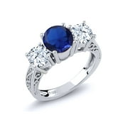 Gem Stone King 3.17 Cttw Blue Created Sapphire 3-Stone Engagement Ring for Women | 925 Sterling Silver | Three Stone Wedding Engagement Anniversary Promise Ring | Available in Size 5, 6, 7, 8, 9