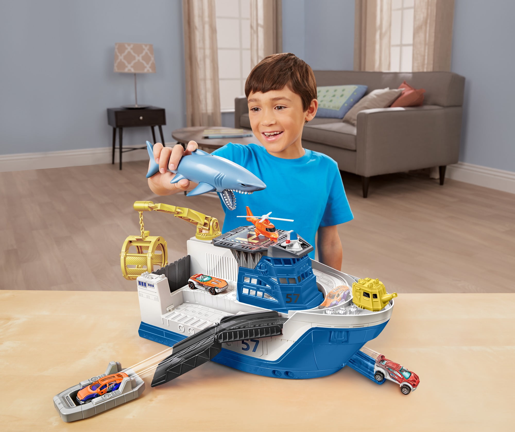 Matchbox Shark Ship Floats In Water And Rolls On Land Blue and White