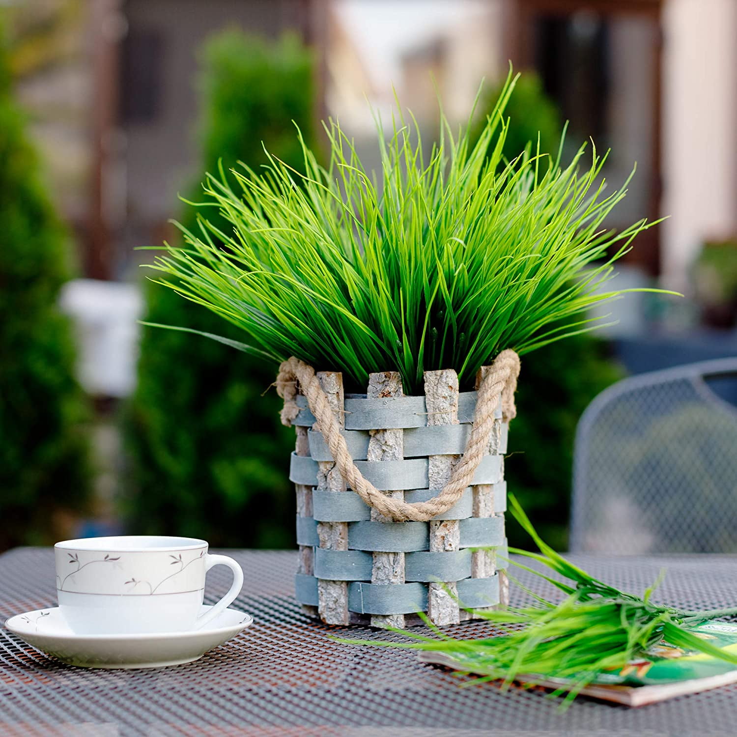 Viworld Artificial Wheat Grass Fake Outdoor Plants - 12 Bundles Artificial Greenery UV Resistant Bundles Faux Plastic Flowers Shrubs Tall Stems for Home Porch Patio Decorations Weddings (Green Grass)