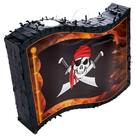 Pirate Pinata Flag for Kids Birthday Party Decorations, Halloween, Skull and Crossbones Design (Small, 12x15.7x3 in)