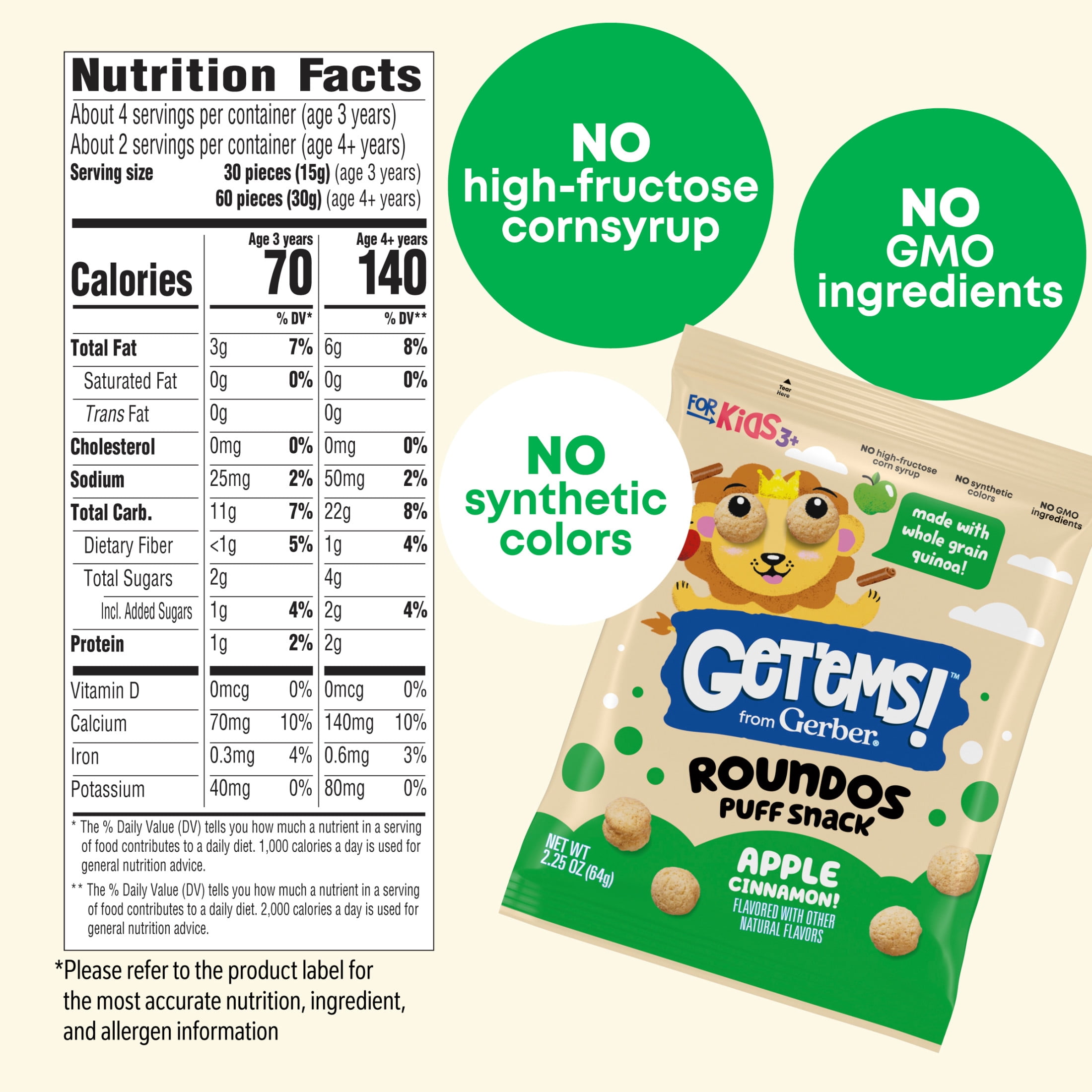 (2 pack) Get'ems from Gerber Apple Cinnamon Roundos Puffs Snacks, Kids Snack Made with Whole Grain Quinoa, Calcium to Support Strong Bones 2.25 oz