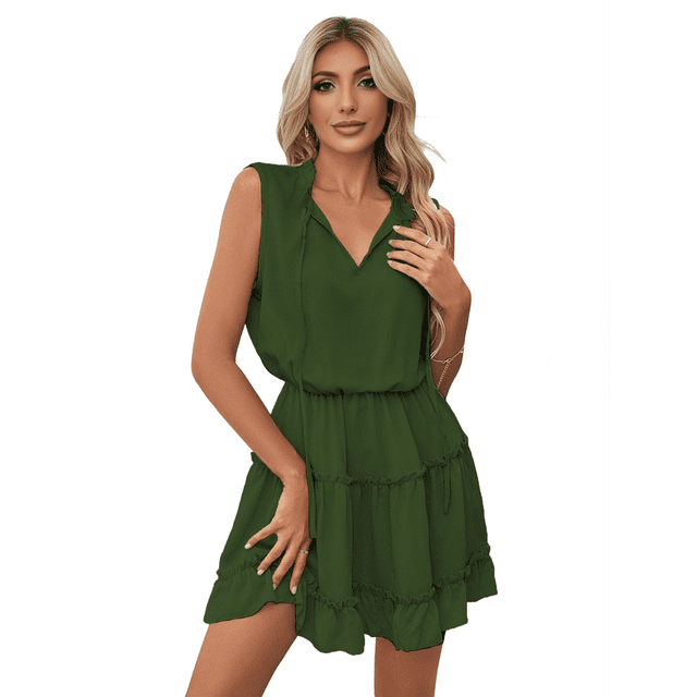 Womens Spring Summer 2025 Sleeveless Split V Neck Ruffle Chiffon Elegant Mini Short Skirt Dresses Green L