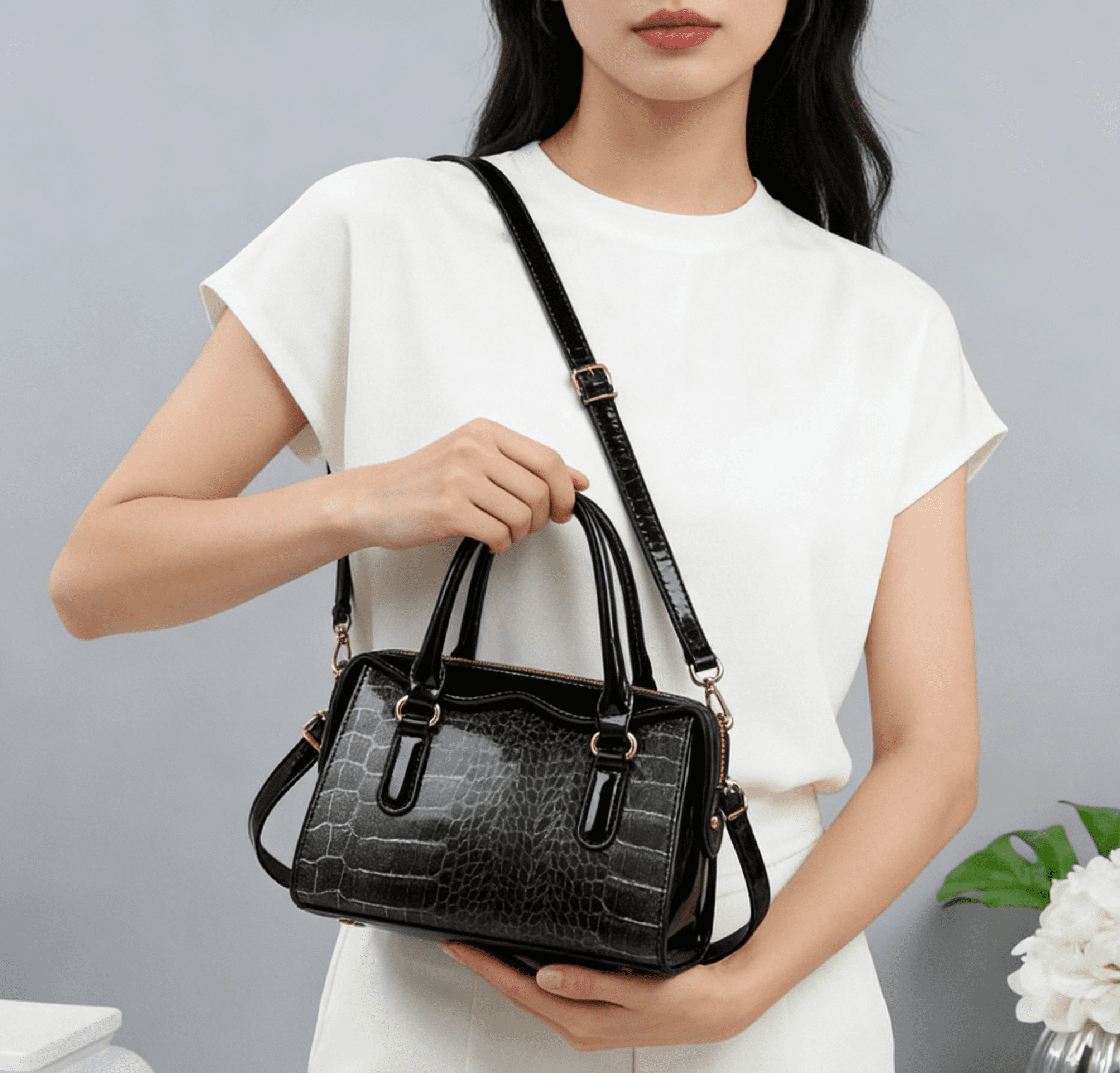 PORT&LOTUS Glossy Crocodile Pattern Tote Bag for Women, Fashion Patent Leather Satchel Purse with Detachable Shoulder Strap