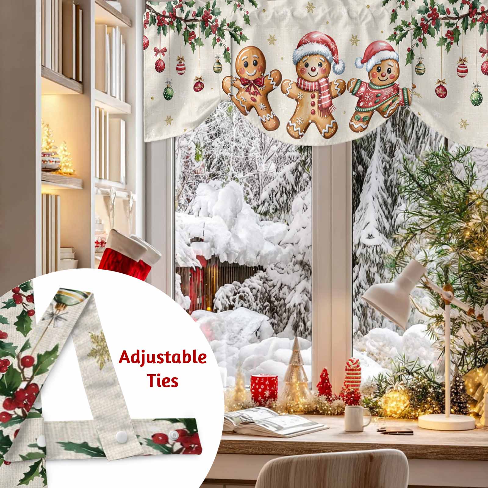 Christmas Gingerbread Man Tie Up Valances Curtain, Xmas Holly Berry Linen Texture Adjustable Rod Pocket Short Window Treatment Tie Up Curtains Valances for Kitchen Living Room Bathroom 54x18 In
